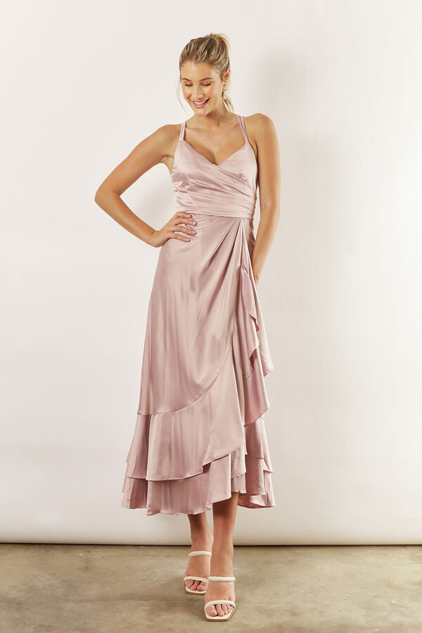 IslaSatinBridesmaidsDressQuartzBlushPink2 Isla satin ruffle satin dress by Talia Sarah in Quartz Blush Pink