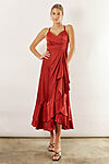 Isla satin ruffle satin dress by Talia Sarah in Rust Orange