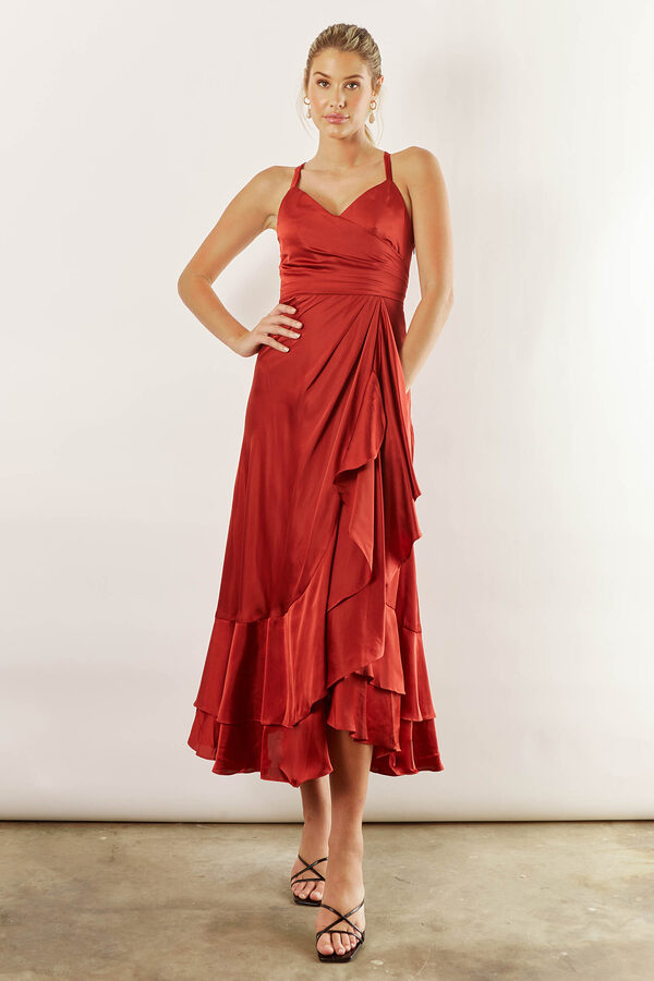 IslaSatinBridesmaidsDressRustBurntOrange2 Isla satin ruffle satin dress by Talia Sarah in Rust Orange