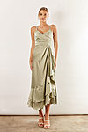 Isla satin ruffle satin dress by Talia Sarah in Sage Green