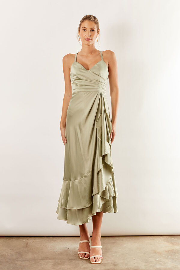 IslaSatinBridesmaidsDressSageGreen Isla satin ruffle satin dress by Talia Sarah in Sage Green