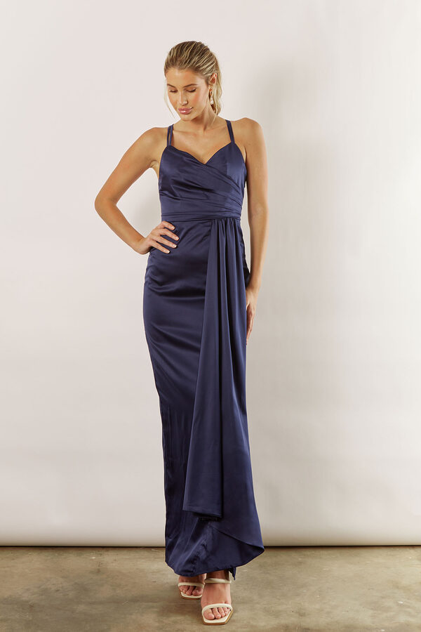 MayaSatinBridesmaidsDressSapphireNavyBlue2 Maya Satin Spaghetti Strap Bridesmaid Dress by Talia Sarah in Navy