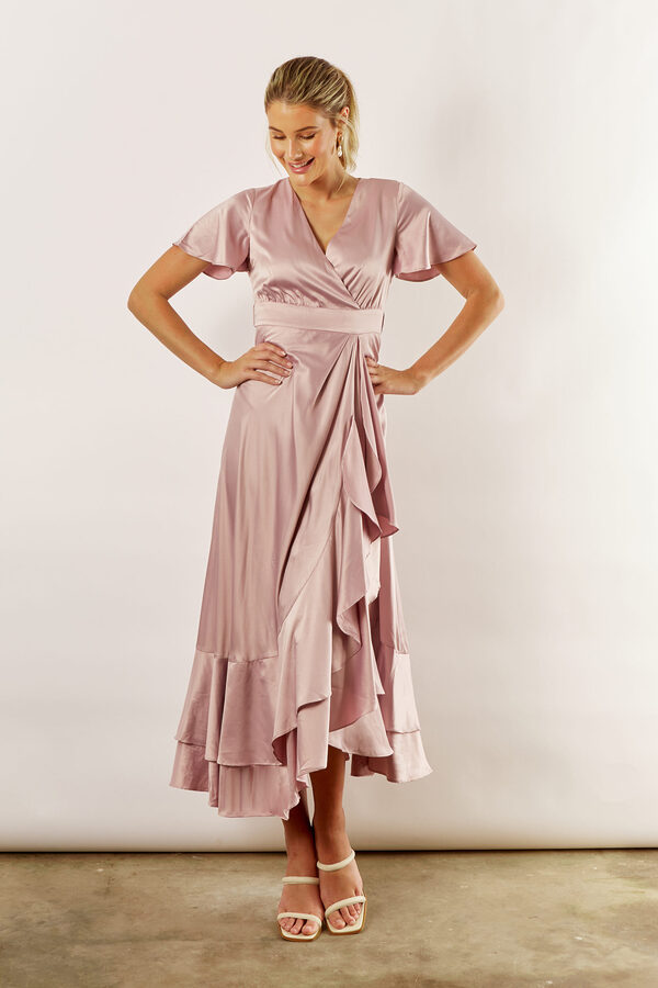 HarperSatinBlushBridesmaidDresswithSleeves Harper Short Sleeve Satin Boho Blush Bridesmaids Dress