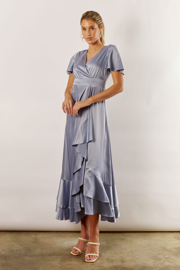 HarperSatinDustyBlueBridesmaidDresswithSleeves2 Harper Short Sleeve Satin Boho Dusty Blue Bridesmaids Dress