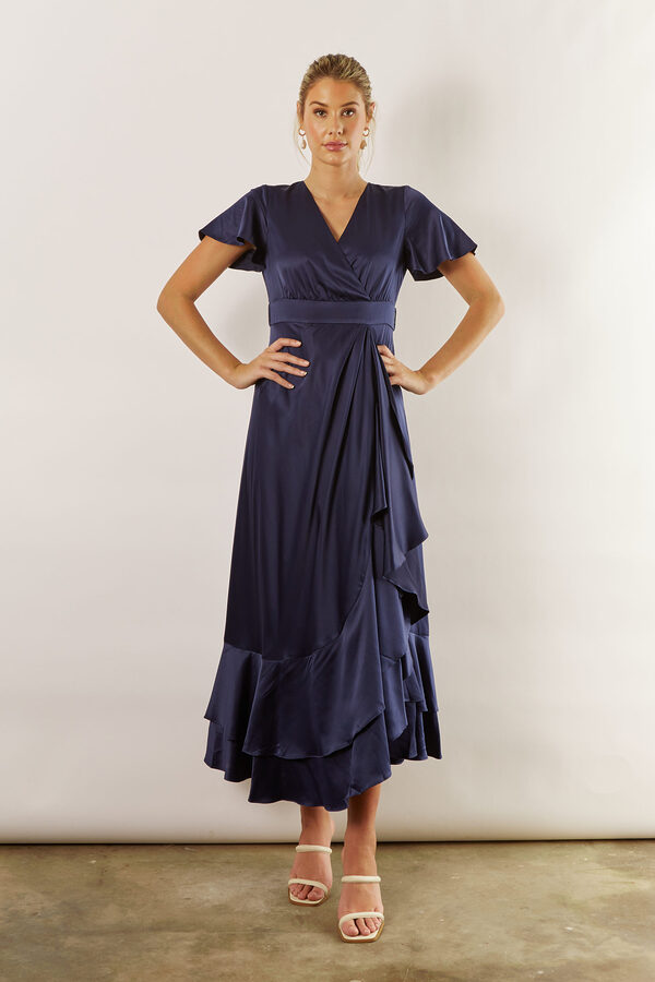 HarperSatinNavyBridesmaidDresswithSleeves Harper Short Sleeve Satin Boho Navy Bridesmaids Dress
