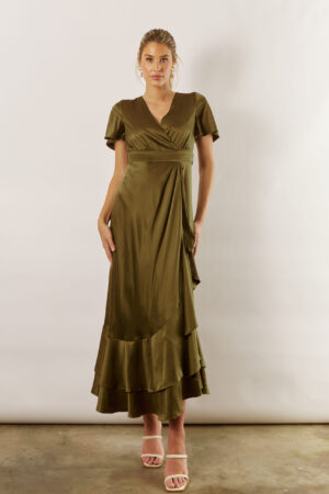 Harper Short Sleeve Satin Boho Olive Green Bridesmaids Dress