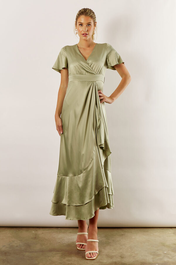 HarperSatinSageBridesmaidDresswithSleeves Harper Short Sleeve Satin Boho Sage Green Bridesmaids Dress