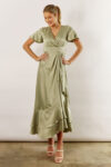 Harper Short Sleeve Satin Boho Sage Green Bridesmaids Dress