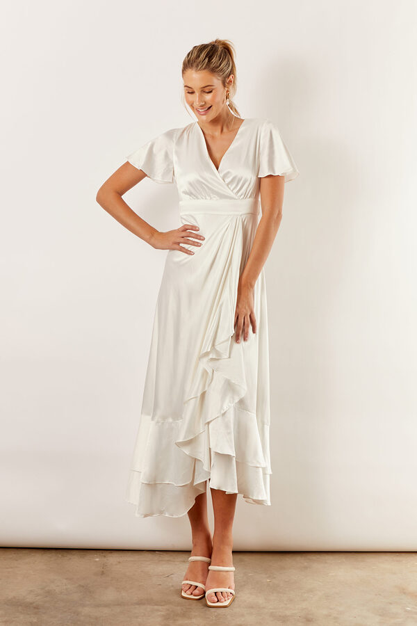 HarperSatinWhiteBridesmaidDresswithSleeves Harper Short Sleeve Satin Boho White Bridesmaids Dress