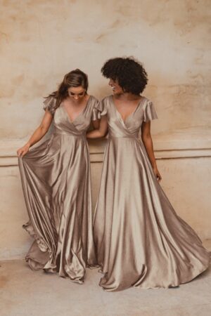 Satin Champagne Bridesmaids Dress with Sleeves in Champagne