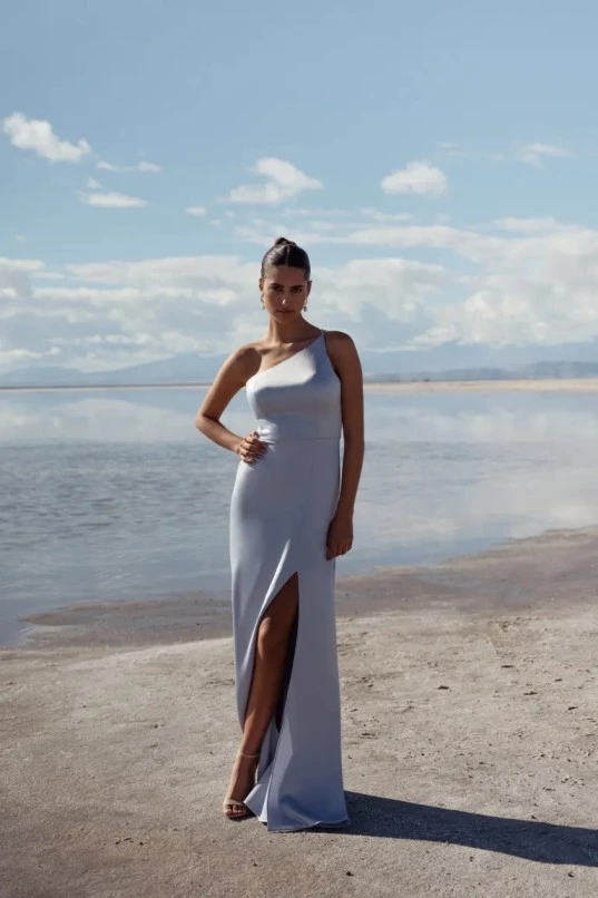 Jenny Yoo Jensen Whisper Blue Dress | One Shoulder Satin