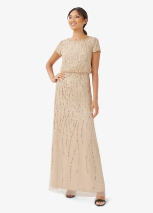 Kirsten Champagne Beaded Blouson Gown By Adrianna Papell