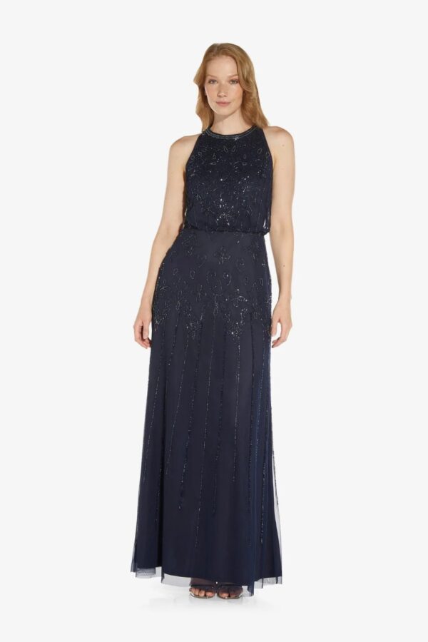 Janice Halter Beaded Gown By Adrianna Papell - Navy Blue