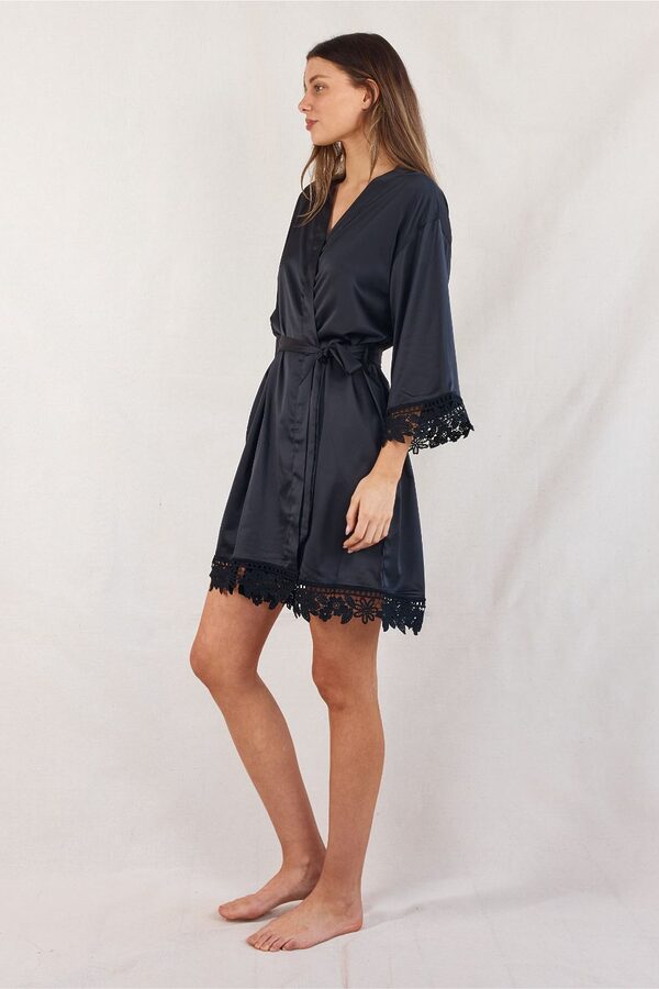 Ella Lace Satin Black Bridesmaid Robe Side Ella Black Satin Bridesmaid Robes
