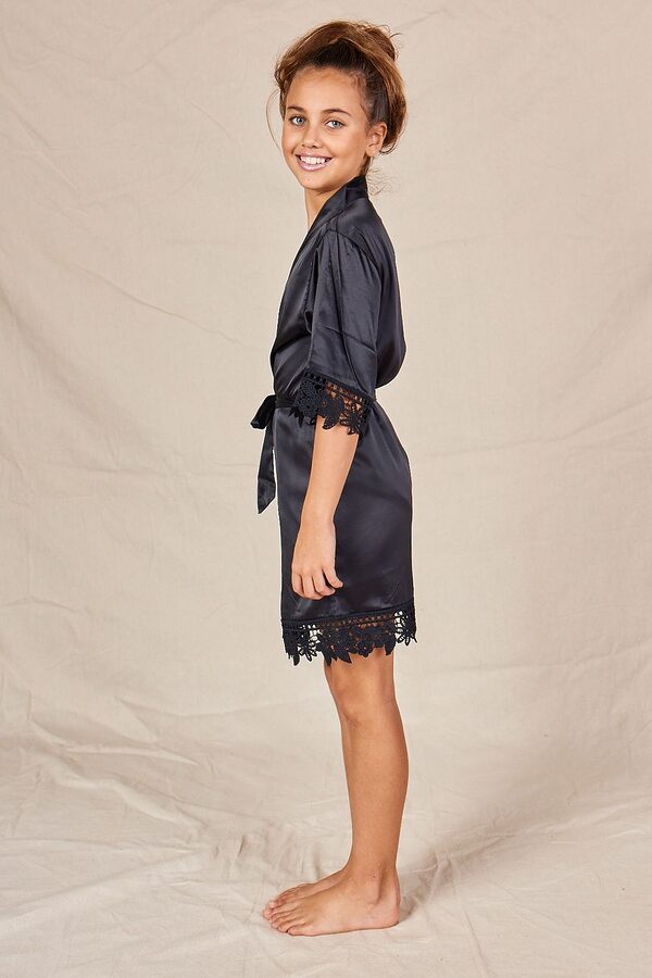 EllaBlackKidsLaceBridalPartyRobeSide Ella Satin Black Bridesmaid Robes with Lace - EllaBlackKidsLaceBridalPartyRobeSide
