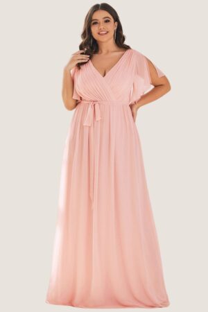 Pink Cheap Bridesmaid Dresses Australia Ready To Ship A line Flutter Sleeves Faux Wrap