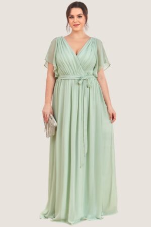 Light Sage Green Cheap Bridesmaid Dresses Australia Ready To Ship A line Flutter Sleeves Faux Wrap