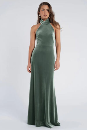 Jenny Yoo Lennox Bridesmaid Dress in Dark Eucalyptus Green Stretch Velvet
