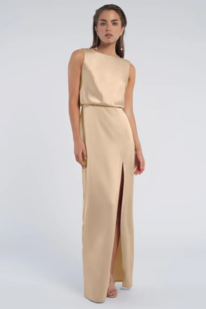 Jenny Yoo Rivka Luxe Satin Bridesmaid Gown in Pale Gold