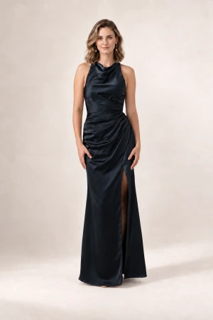 Anna Black satin bridesmaid dress by Tania Olsen — front view
