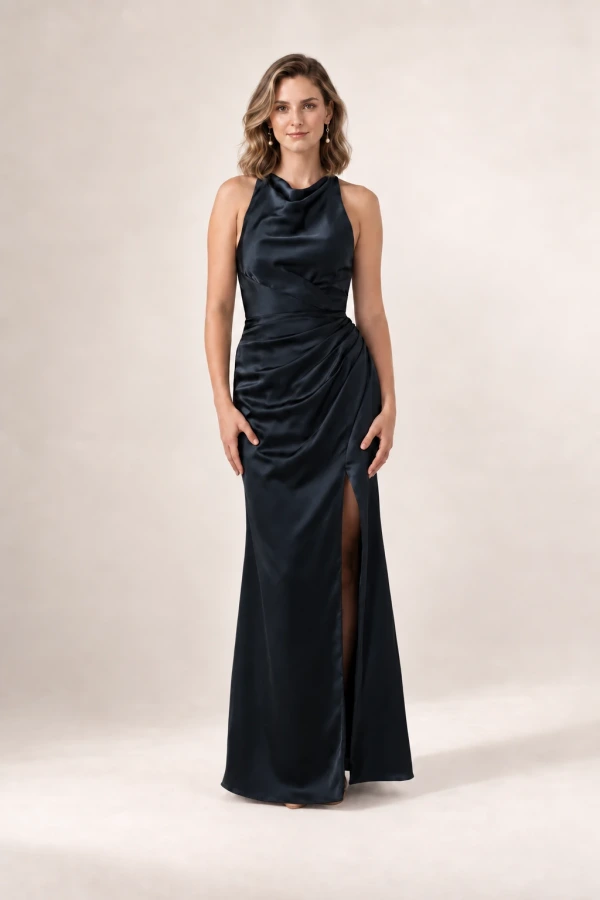 Anna Black satin bridesmaid dress by Tania Olsen — front view Anna Black satin bridesmaid dress by Tania Olsen — front view