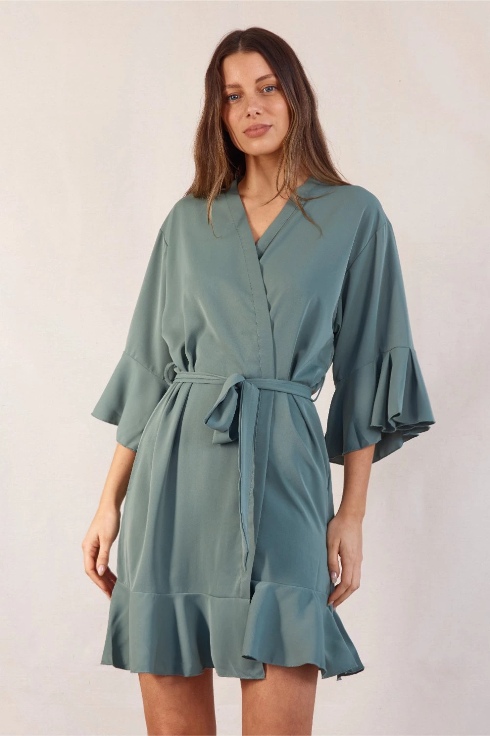 slim fit dress slacks Zapaka Women Sage Green Bridesmaid Dress Long Ruched Satin Deep V-Neck Wedding Party Dress, Sage / US8