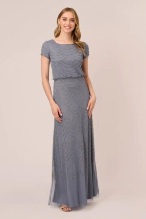 dusty blue bridesmaid dresses with sleeves by Adrianna Papell