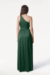 Greta olive grove green satin one shoulder bridesmaid dress by TH&TH, full length back view