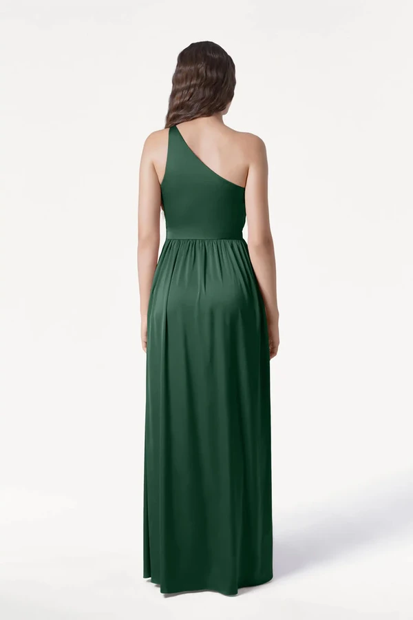 Greta Olive Grove Green Bridesmaid Dress by TH&TH - back view Greta olive grove green satin one shoulder bridesmaid dress by TH&TH, full length back view