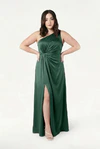 Greta olive grove green bridesmaid dress by TH&TH on a curve model, full length front view