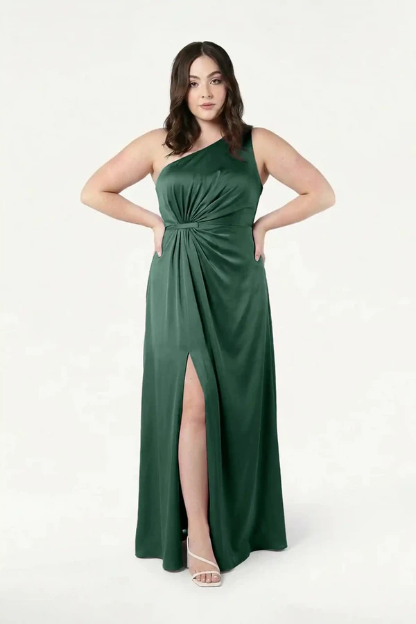 Greta Olive Grove Green Bridesmaid Dress by TH&TH - curve front view Greta olive grove green bridesmaid dress by TH&TH on a curve model, full length front view