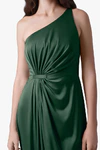 Close up of the one shoulder satin bodice on the Greta olive grove green bridesmaid dress by TH&TH