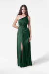 Greta olive grove green satin one shoulder bridesmaid dress by TH&TH, full length front view