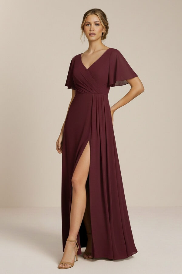 Ada Burgundy Bridesmaid Dress with flutter sleeve Front Styled Cheap Burgundy Bridesmaid Dress Australia