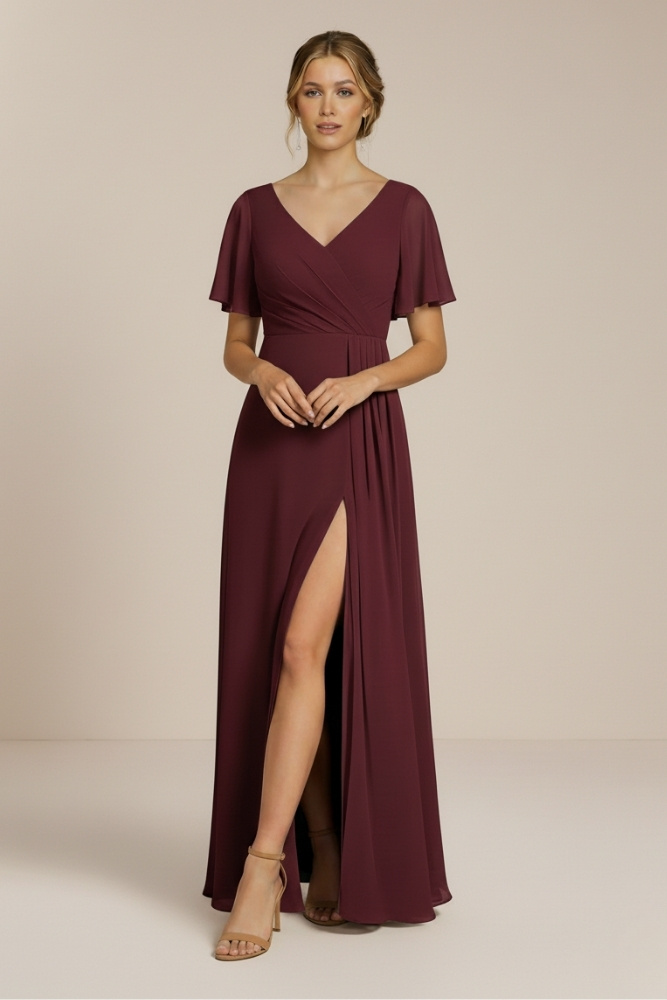 Ada Burgundy Bridesmaid Dress with flutter sleeve Front Cheap Burgundy Bridesmaid Dress Australia