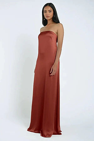 when do bridesmaid dresses go on sale Rust Red Satin Unique Halter Tea Length Bridesmaid Dresses , AB4104 –  AlineBridal main image 0