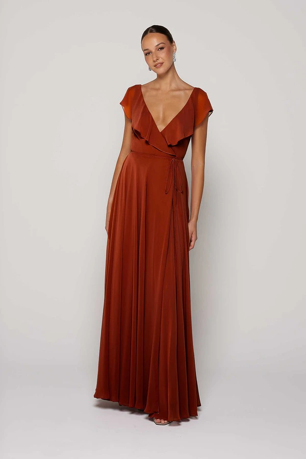 terracotta bridesmaid dresses KissProm Off-the-Shoulder Chiffon A-Line Long Dress in Terracotta, / 14 Maxi Neckline Terracotta Bridesmaid Dresses
