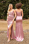 Model wearing the Tania Olsen Cassis bridesmaid dress in Champagne, featuring a scoop neckline, frill detail and floor-length A-line skirt