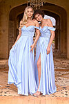 Tania Olsen Emillion bridesmaid dress in pastel blue, featuring a corset-style bodice, sweetheart neckline, and A-line skirt with thigh-high split