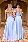 Tania Olsen Emillion bridesmaid dress in pastel blue, featuring a corset-style bodice, sweetheart neckline, and A-line skirt with thigh-high split