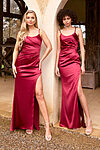 Tania Olsen Monet Bridesmaid Dress in stretch satin featuring scoop neckline, corset-style bodice, fitted silhouette, and thigh-high leg split, photographed in studio.