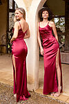 Tania Olsen Monet Bridesmaid Dress in stretch satin featuring scoop neckline, corset-style bodice, fitted silhouette, and thigh-high leg split, photographed in studio.