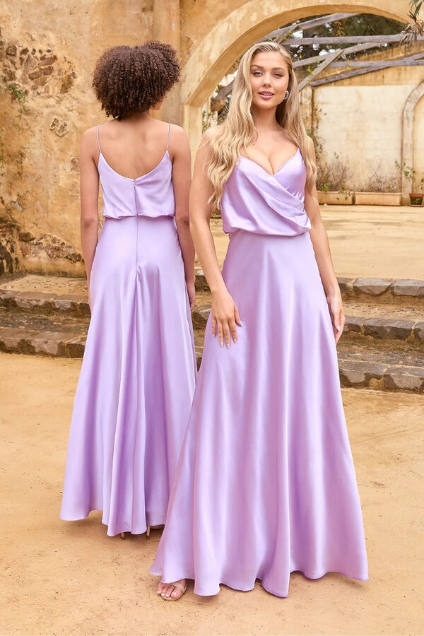 Toulouse Bridesmaid Dress by Tania Olsen Back Tania Olsen Toulouse bridesmaid dress in lilac, featuring a V-neckline, cross-over bodice and A-line skirt,