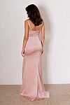 Model wearing the Vietta bridesmaid dress by Tania Olsen in stretch satin, featuring spaghetti straps, ruched crossover bodice, and high-leg split.