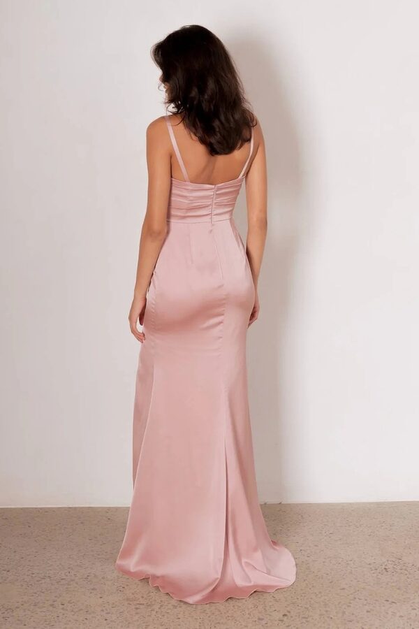 Vietta Pink Bridesmaid Dress by Tania Olsen Back Model wearing the Vietta bridesmaid dress by Tania Olsen in stretch satin, featuring spaghetti straps, ruched crossover bodice, and high-leg split.