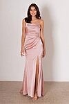 Model wearing the Vietta bridesmaid dress by Tania Olsen in stretch satin, featuring spaghetti straps, ruched crossover bodice, and high-leg split.