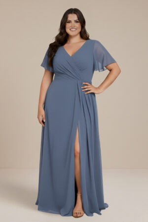 Dusty blue Bridesmaid Dress Cheap with flutter sleeve