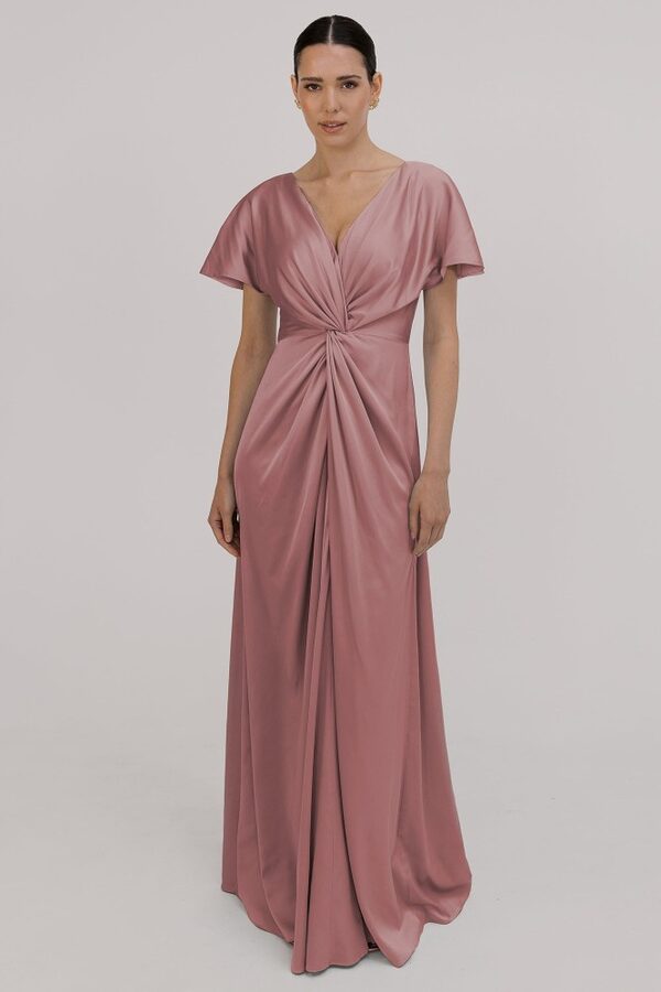 TH_TH_satin_bridesmaid_dress_Camilla_in_rose_pink_back_model_view Camilla Short Sleeve Pink Bridesmaid Dress by TH&TH