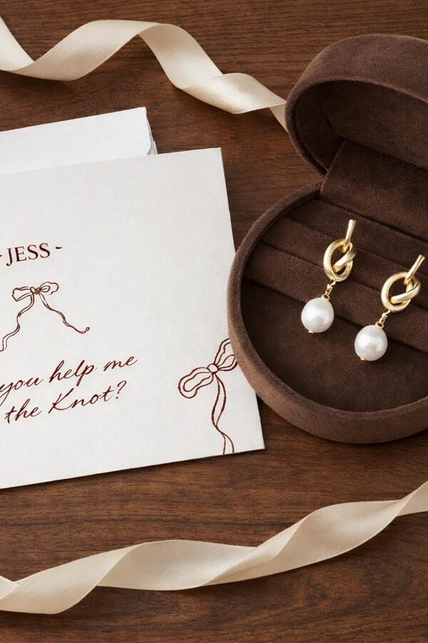 Audrey Gold Baroque Pearl Drop Bridesmaid Earrings Help Me Tie The Knot Bridesmaid Proposal Chocolate Brown Theme with Tie the Knot Earrings