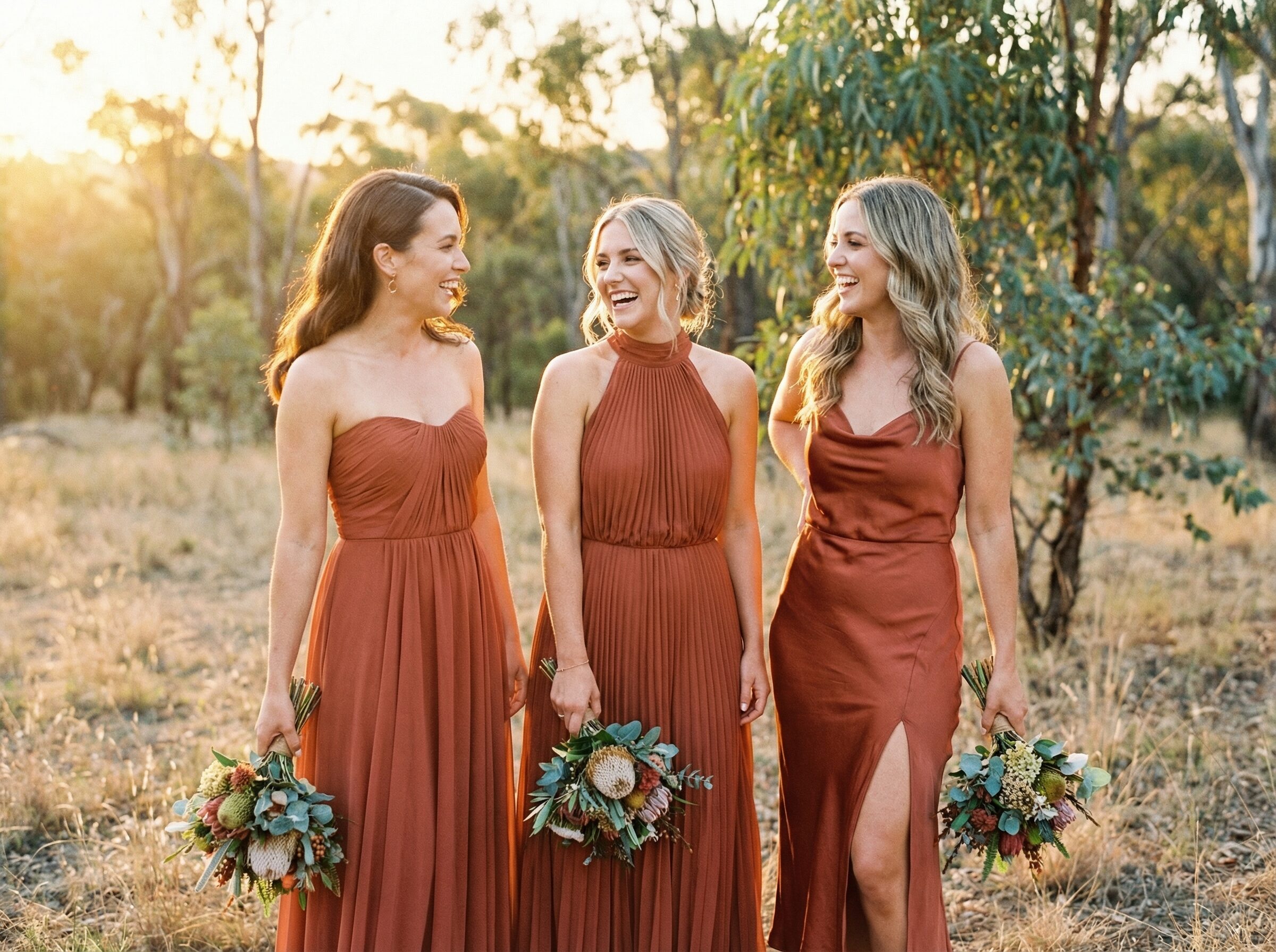 Three bridesmaids in different dress styles in terracotta at an Australian outdoor wedding
